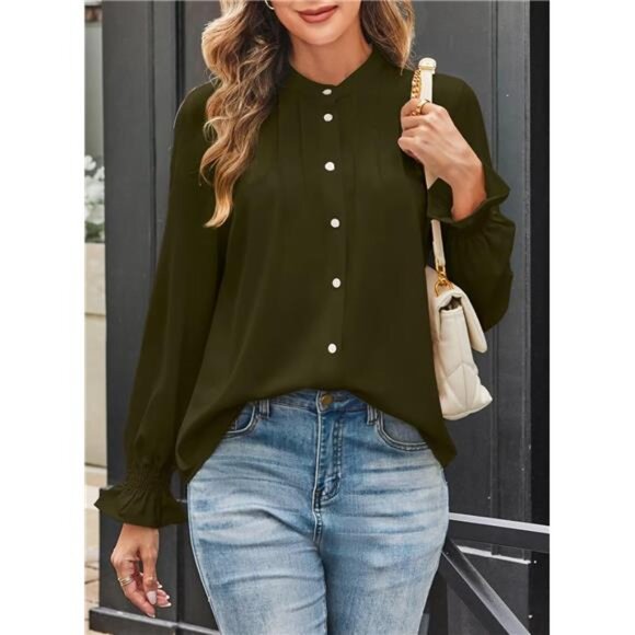 Women’s Chiffon Button Down Blouse | Pleated Mandarin Collar Tunic Top - Picture 3 of 6